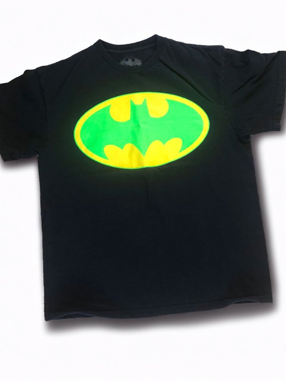 Vintage DC Comic Graphic Print Neon Batman Logo Black T Shirt Large